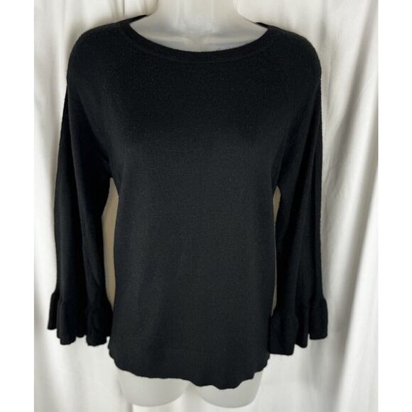 Ann Taylor LOFT Wool Viscose Sweater Bell Sleeves Black S Preppy Chic 57-11 - Picture 1 of 16